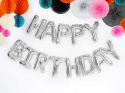 Folieballong Banner, Happy Birthday, Sølv