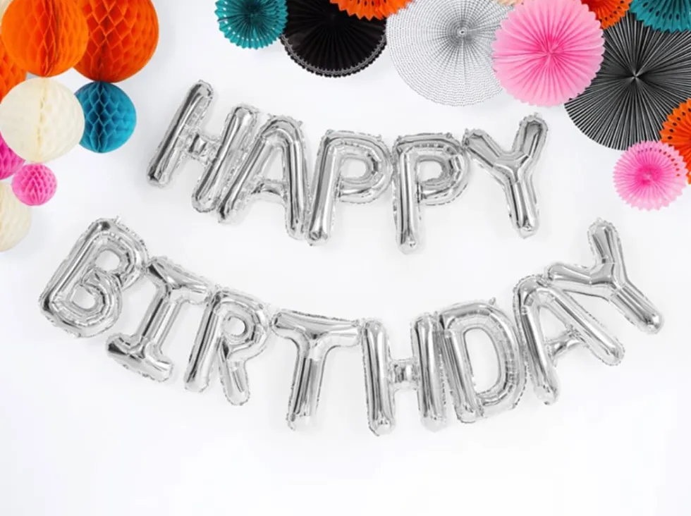 Folieballong Banner, Happy Birthday, Sølv