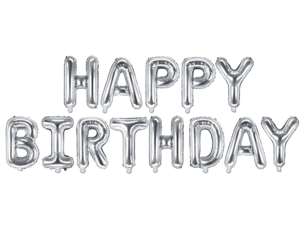 Folieballong Banner, Happy Birthday, Sølv
