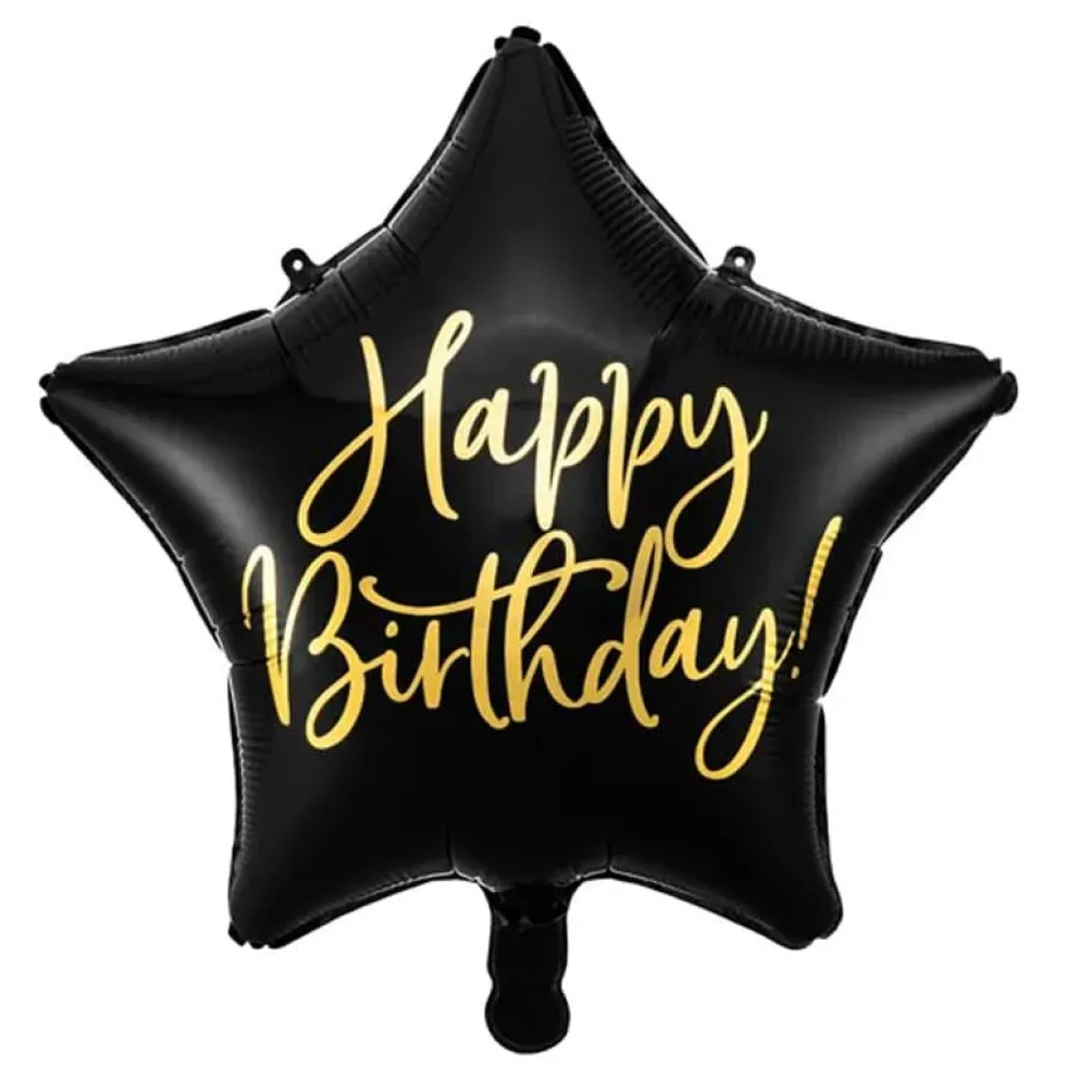 Folieballong Standard, Stjerne Sort Happy Birthday