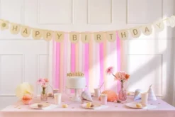 Girlander i Stoff Happy Birthday Rosa, 3 m