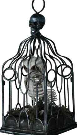 Halloween ugle-skjelett i bur med lys, lyd og bevegelse 33 cm