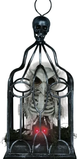 Halloween ugle-skjelett i bur med lys, lyd og bevegelse 33 cm