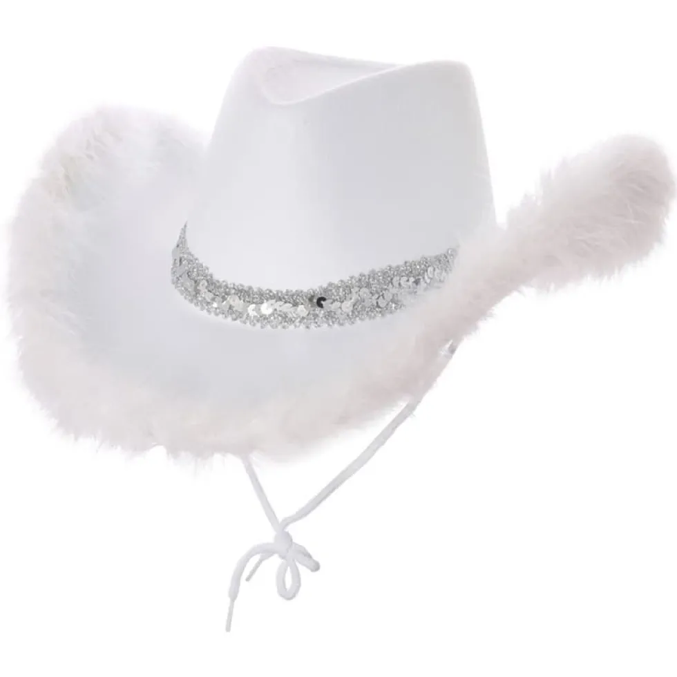 Hvit Cowboyhatt Texas Cowgirl med fjær