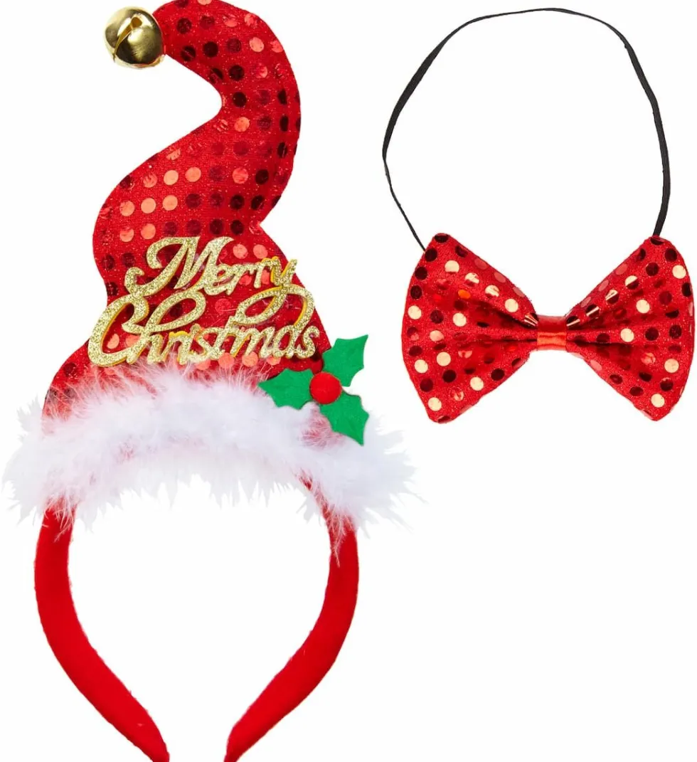 Mini-Nisselue "Merry Christmas" paljetter m/bjelle og sløye, på hårbøyle