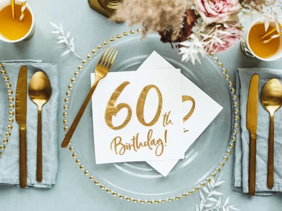 Servietter, 60th Birthday, Hvit & Gull